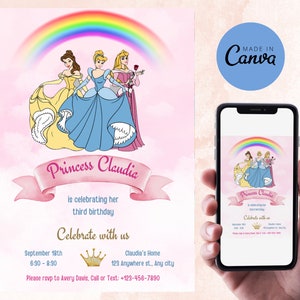 PRINCESS BIRTHDAY INVITATION Disney Template Editable Printable Invite Instant Download Girls Kids Birthday invite Canva Template
