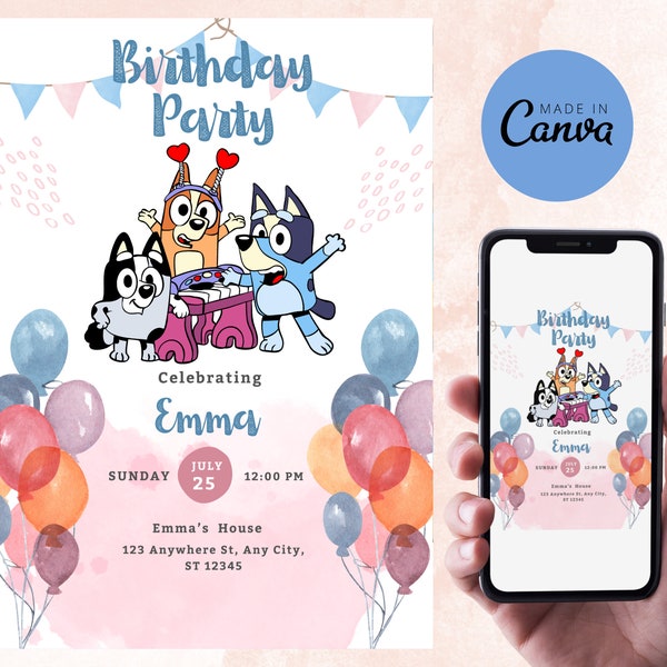 Modèle modifiable sur toile d'invitation d'anniversaire Bluey, carte d'invitation pour enfants Bluey, invitation d'anniversaire Bluey pour fille, invitation à une fête d'enfants