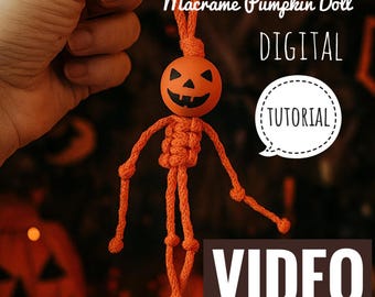 Tutoriel vidéo pour poupée tête de citrouille en macramé : ornement de guirlande d'Halloween (motif numérique)