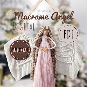 Könnte beinhalten: Ein digitales PDF-Tutorial zum Herstellen eines Makramee-Engels mit einem rosa Kleid und braunen Haaren. Das Tutorial enthält Anweisungen zum Erstellen der Flügel, des Kleides und der Haare des Engels.