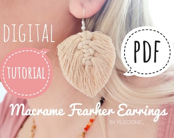 PDF Tutorial of macrame feather earrings for beginners, handmade jewelry with leaf DIY, Instant download/Digital Pattern by plecione_