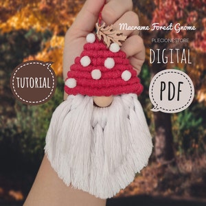 Könnte beinhalten: Ein digitales PDF-Tutorial zum Herstellen eines Makramee-Waldzwergs mit einem rot-weißen Pilz-Hut und einem weißen Bart. Das Tutorial ist auf der Website Plecionestory verfügbar.