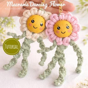 Macramé bloementutorial pdf-patroon | DIY-sleutelhanger madeliefje voor beginners | Dansende bloem knutselen afbeelding 1