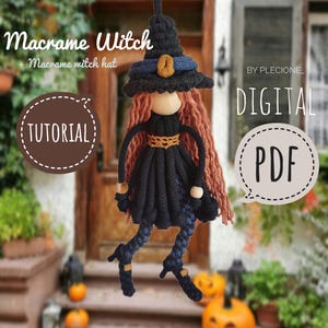 May include: A macrame witch doll with a black hat, blue and orange accents, and long brown hair. The doll is hanging in front of a door with pumpkins on the steps. The text "Macrame Witch + Macrame witch hat TUTORIAL DIGITAL PDF" is visible in the image.