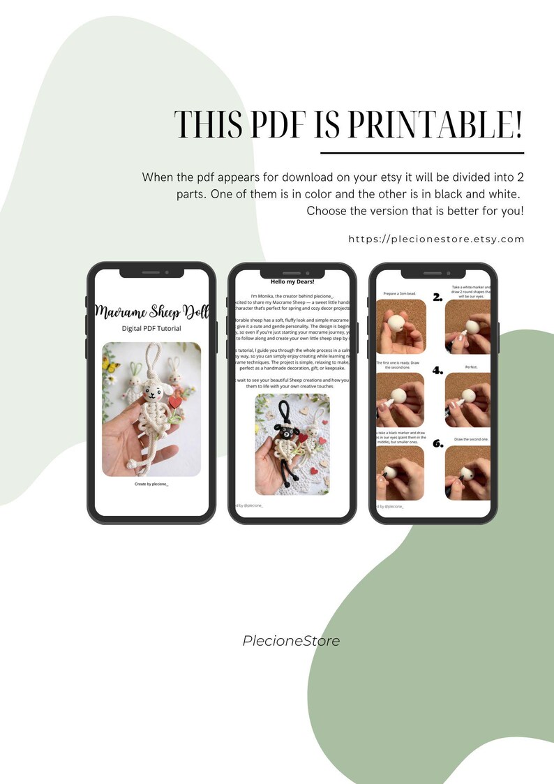 May include: Image of three smartphones displaying a digital PDF tutorial for a macrame sheep doll. The tutorial includes step-by-step instructions and a color and black-and-white version. Text on the image reads "THIS PDF IS PRINTABLE!"