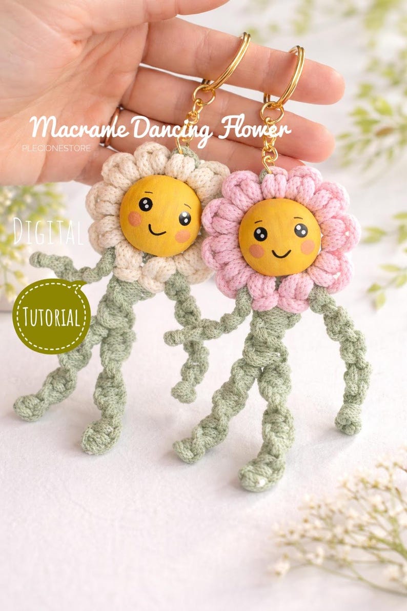 Macramé bloementutorial pdf-patroon | DIY-sleutelhanger madeliefje voor beginners | Dansende bloem knutselen afbeelding 1