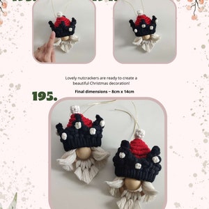 May include: Two handmade Christmas nutcracker ornaments with black, red, and white yarn. The nutcrackers have a white beard and a wooden face. The ornaments are 8 centimeters by 14 centimeters.