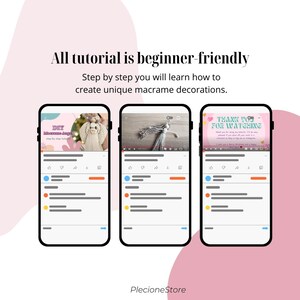 May include: Three screenshots of a mobile phone showing a macrame tutorial. The first screenshot shows a macrame angel with the text "DIY Macrame Angel". The second screenshot shows a macrame angel with the text "Thank you for watching". The third screenshot shows a macrame angel with the text "PlecioneStore".