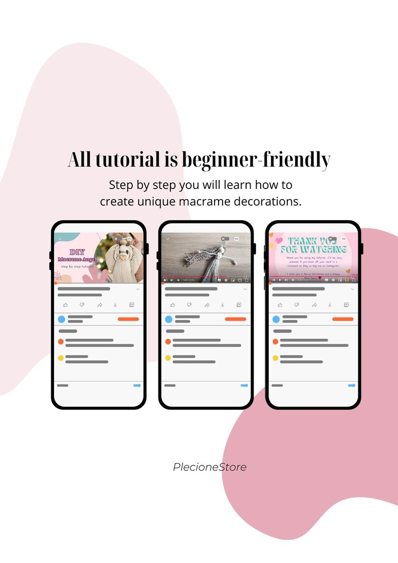 May include: Three screenshots of a mobile phone showing a macrame tutorial. The first screenshot shows a macrame angel with the text "DIY Macrame Angel". The second screenshot shows a macrame angel with the text "Thank you for watching". The third screenshot shows a macrame angel with the text "PlecioneStore".