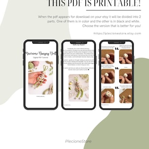 May include: Digital PDF tutorial for a macrame bunny doll, shown on three smartphones. The screens display the tutorial's title, instructions, and step-by-step images. The text "THIS PDF IS PRINTABLE!" is at the top.