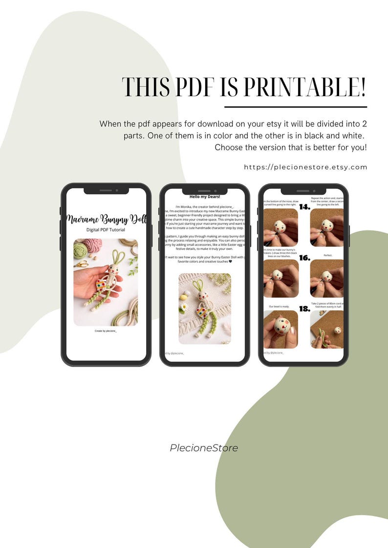 May include: Digital PDF tutorial for a macrame bunny doll, shown on three smartphones. The screens display the tutorial's title, instructions, and step-by-step images. The text "THIS PDF IS PRINTABLE!" is at the top.