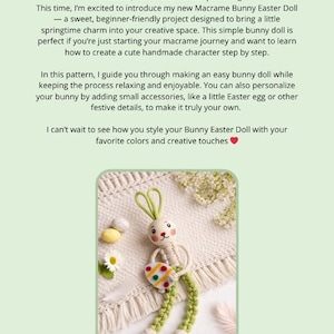 May include: A handmade macrame Easter bunny doll with green and cream accents. The bunny holds a colourful Easter egg and has green ears. The doll is part of a beginner-friendly macrame project.