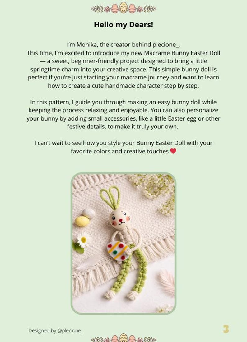 May include: A handmade macrame Easter bunny doll with green and cream accents. The bunny holds a colourful Easter egg and has green ears. The doll is part of a beginner-friendly macrame project.