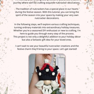 May include: A close-up of a handmade nutcracker ornament. The nutcracker is made of yarn and has a red and black crown, a white beard, and a wooden face. The nutcracker is hanging from a string.