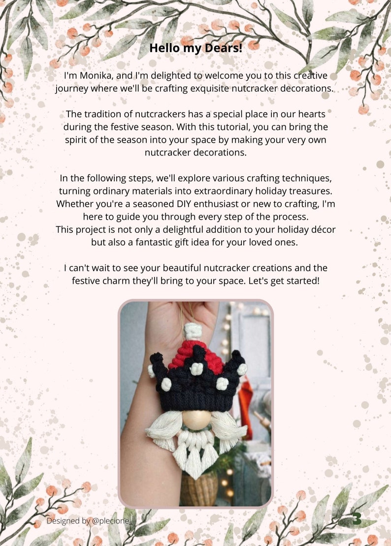 May include: A close-up of a handmade nutcracker ornament. The nutcracker is made of yarn and has a red and black crown, a white beard, and a wooden face. The nutcracker is hanging from a string.