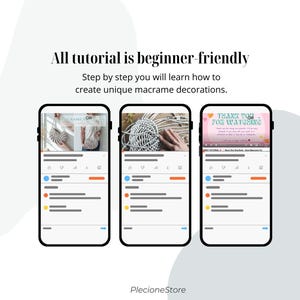 May include: Three smartphones display macrame tutorials. The text reads "All tutorial is beginner-friendly" and "Step by step you will learn how to create unique macrame decorations." The PlecioneStore logo is at the bottom.