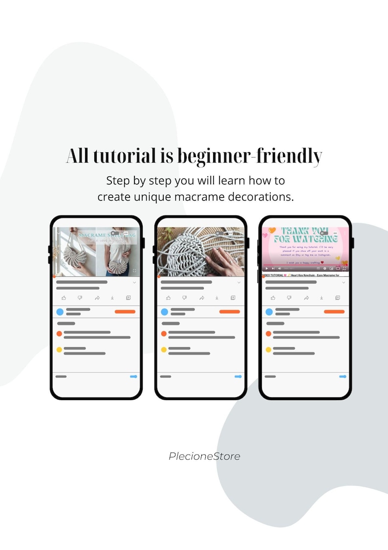 May include: Three smartphones display macrame tutorials. The text reads "All tutorial is beginner-friendly" and "Step by step you will learn how to create unique macrame decorations." The PlecioneStore logo is at the bottom.