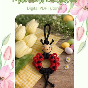 Puede incluir: Adorno de mariquita de macram&eacute; hecho a mano con un dise&ntilde;o rojo y negro. La mariquita tiene una cara sonriente y antenas. La imagen tambi&eacute;n incluye el texto "Macrame Ladybird Digital PDF Tutorial".