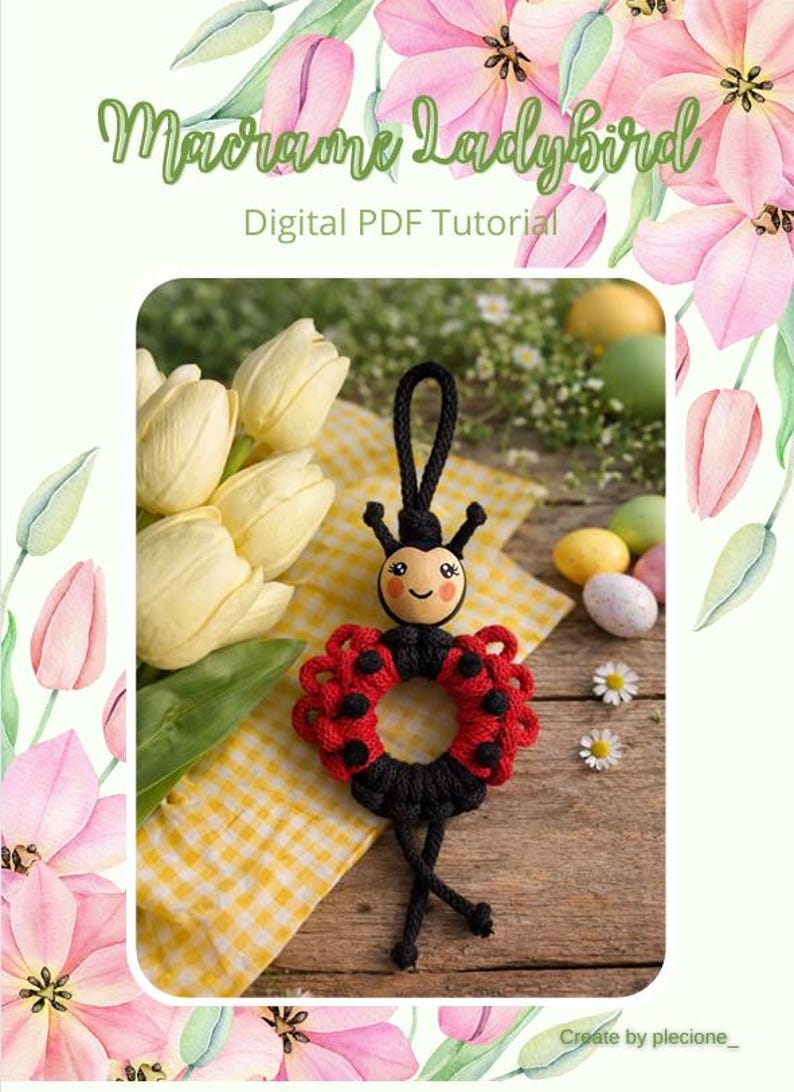 Puede incluir: Adorno de mariquita de macram&eacute; hecho a mano con un dise&ntilde;o rojo y negro. La mariquita tiene una cara sonriente y antenas. La imagen tambi&eacute;n incluye el texto "Macrame Ladybird Digital PDF Tutorial".