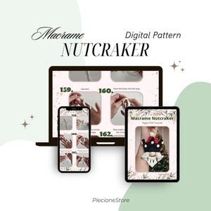 May include: A digital PDF tutorial for making a macrame nutcracker ornament. The tutorial includes step-by-step instructions and photos. The finished ornament is shown in the image, with a red hat, black and white face, and a white beard.