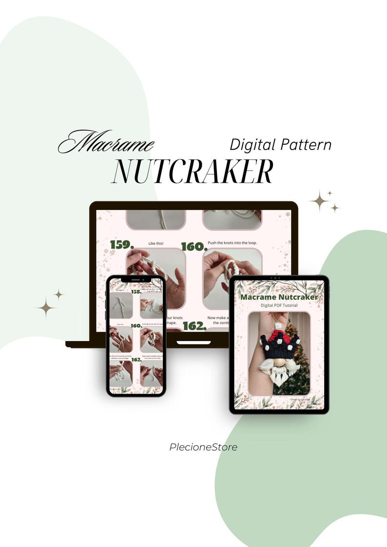 May include: A digital PDF tutorial for making a macrame nutcracker ornament. The tutorial includes step-by-step instructions and photos. The finished ornament is shown in the image, with a red hat, black and white face, and a white beard.