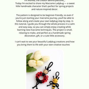 Puede incluir: Una p&aacute;gina de tutorial de manualidades con el texto "Hello my Dears!" y "Designed by @plecione_". La imagen muestra dos figuras de mariquita y abeja de macram&eacute;, una roja y negra, la otra amarilla y negra. Los tulipanes blancos est&aacute;n en el fondo.