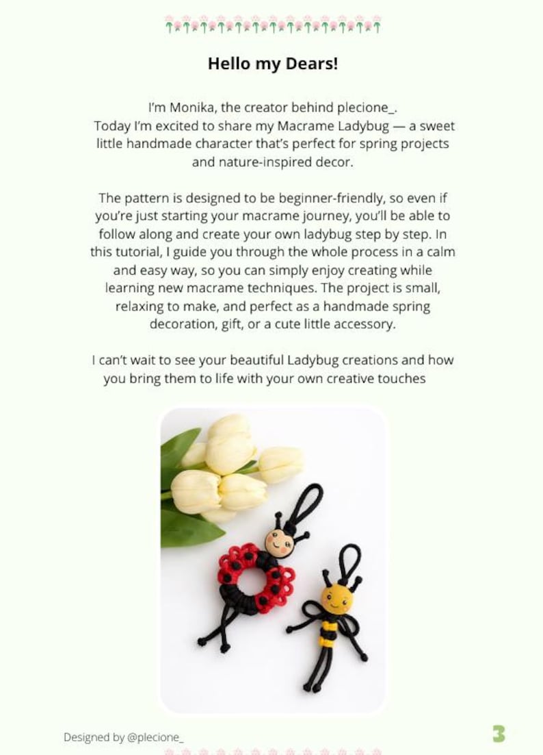 Puede incluir: Una p&aacute;gina de tutorial de manualidades con el texto "Hello my Dears!" y "Designed by @plecione_". La imagen muestra dos figuras de mariquita y abeja de macram&eacute;, una roja y negra, la otra amarilla y negra. Los tulipanes blancos est&aacute;n en el fondo.