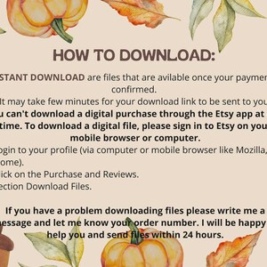 Pu&ograve; includere: Illustrazione ad acquerello con zucche, foglie e ghiande. Il testo fornisce istruzioni su come scaricare file digitali da Etsy, incluso l'accesso tramite browser mobile o computer. L'immagine ha un tema autunnale.