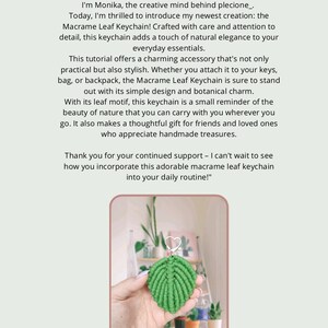 May include: A green macrame leaf keychain with a silver ring. The keychain is hanging from a hand in front of a shelf with potted plants.