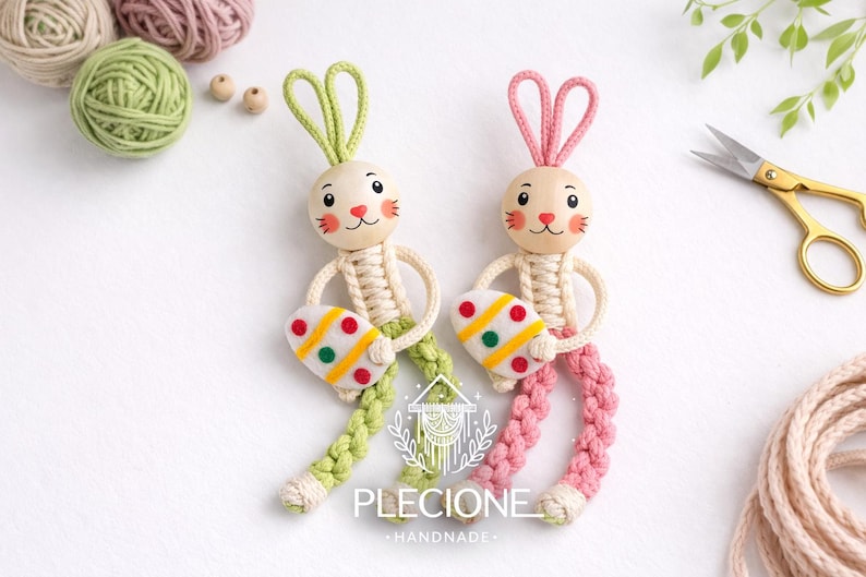 May include: Two handmade macrame bunny figures with wooden heads, holding Easter egg-shaped ornaments. One bunny has green ears and legs, the other pink. The eggs are white with colourful dots. The brand name "PLECIONE HANDMADE" is visible.