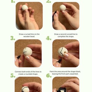 Puede incluir: Instrucciones paso a paso para crear una cuenta decorativa. La gu&iacute;a muestra c&oacute;mo dibujar l&iacute;neas y pintar una cuenta de 3 cm con un marcador negro para crear una cara. El texto incluye los pasos y el nombre del dise&ntilde;ador.