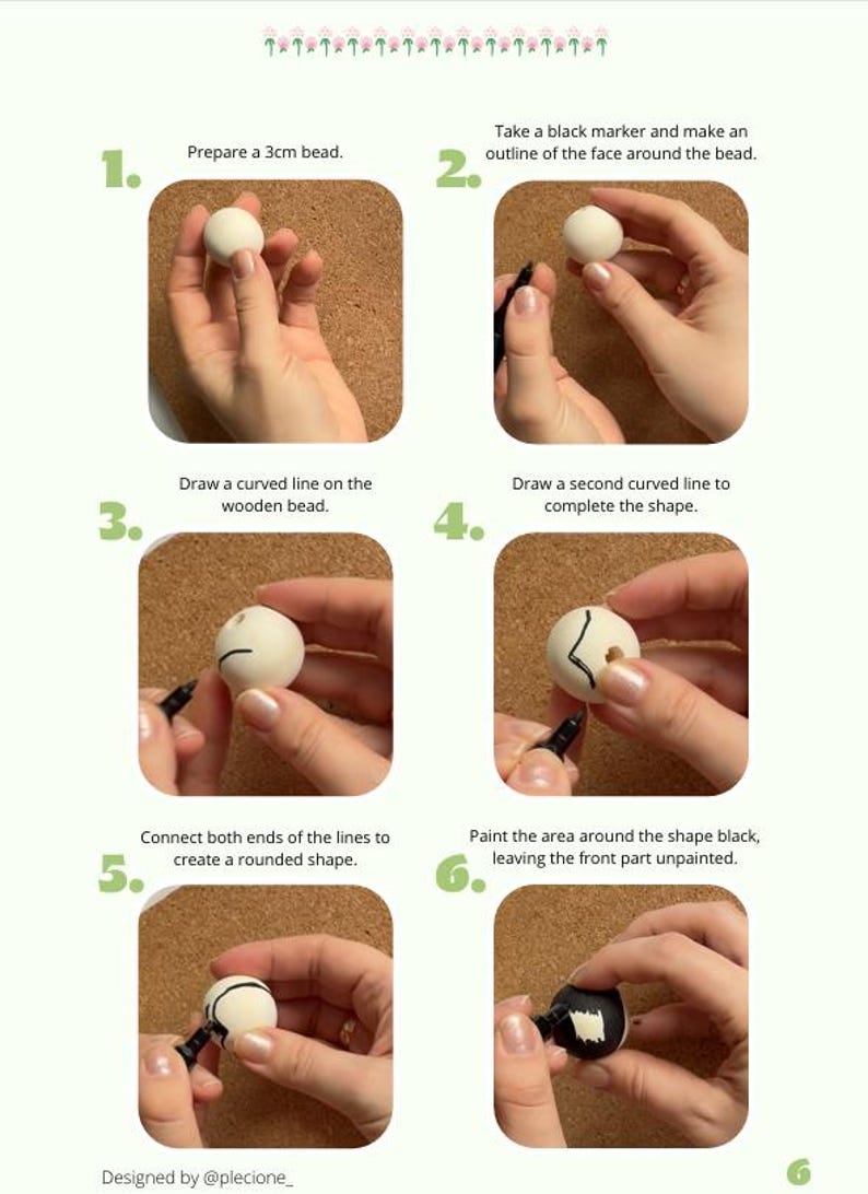 Puede incluir: Instrucciones paso a paso para crear una cuenta decorativa. La gu&iacute;a muestra c&oacute;mo dibujar l&iacute;neas y pintar una cuenta de 3 cm con un marcador negro para crear una cara. El texto incluye los pasos y el nombre del dise&ntilde;ador.