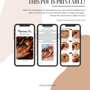 Pu&ograve; includere: Tutorial PDF digitale per una volpe in macram&egrave;. L'immagine mostra tre smartphone che visualizzano il tutorial. Il testo "THIS PDF IS PRINTABLE!" &egrave; in alto. Il tutorial &egrave; diviso in versioni a colori e in bianco e nero.