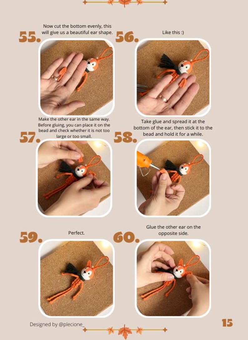 Pu&ograve; includere: Tutorial passo passo per creare un piccolo ornamento a forma di volpe arancione e bianca. Le immagini mostrano il processo di incollaggio e modellatura delle caratteristiche della volpe. Il design &egrave; di @plecione_.