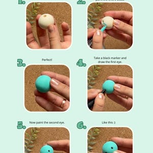Puede incluir: Un tutorial paso a paso sobre c&oacute;mo pintar una cuenta. Muestra una cuenta de 3 cm pintada con un marcador acr&iacute;lico, luego se agregan ojos con un marcador negro. El texto incluye "Perfect!" y "Like this :)".