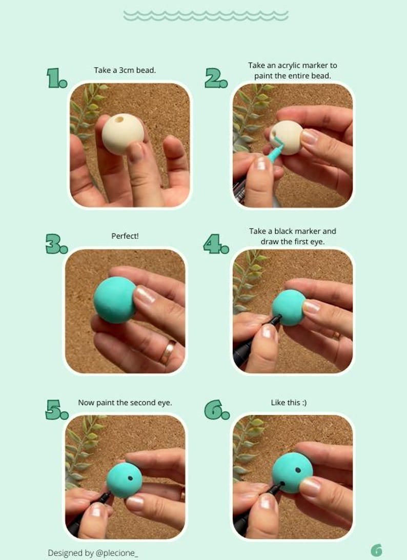 Puede incluir: Un tutorial paso a paso sobre c&oacute;mo pintar una cuenta. Muestra una cuenta de 3 cm pintada con un marcador acr&iacute;lico, luego se agregan ojos con un marcador negro. El texto incluye "Perfect!" y "Like this :)".