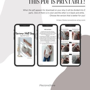May include: Digital PDF tutorial for a Macrame Shell Bag. The image shows three smartphones displaying the tutorial. The first phone shows the bag design, the second phone shows a message, and the third phone shows step-by-step instructions. The text "THIS PDF IS PRINTABLE!" is at the top.