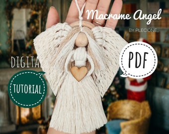 May include: A handmade macrame angel with a wooden head and heart. The angel features cream-colored wings and a long, fringed skirt. The image includes the text "Macrame Angel" and "Digital Tutorial PDF".