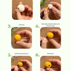 Op de afbeelding: Stapsgewijze instructies voor het maken van een klein, geel, rond object. Het proces omvat een kraal van 3 cm, een gele acrylmarker en een zwarte marker. De tekst in de afbeelding luidt: "Neem een kraal van 3 cm", "Neem een gele acrylmarker en bedek de hele kraal ermee".