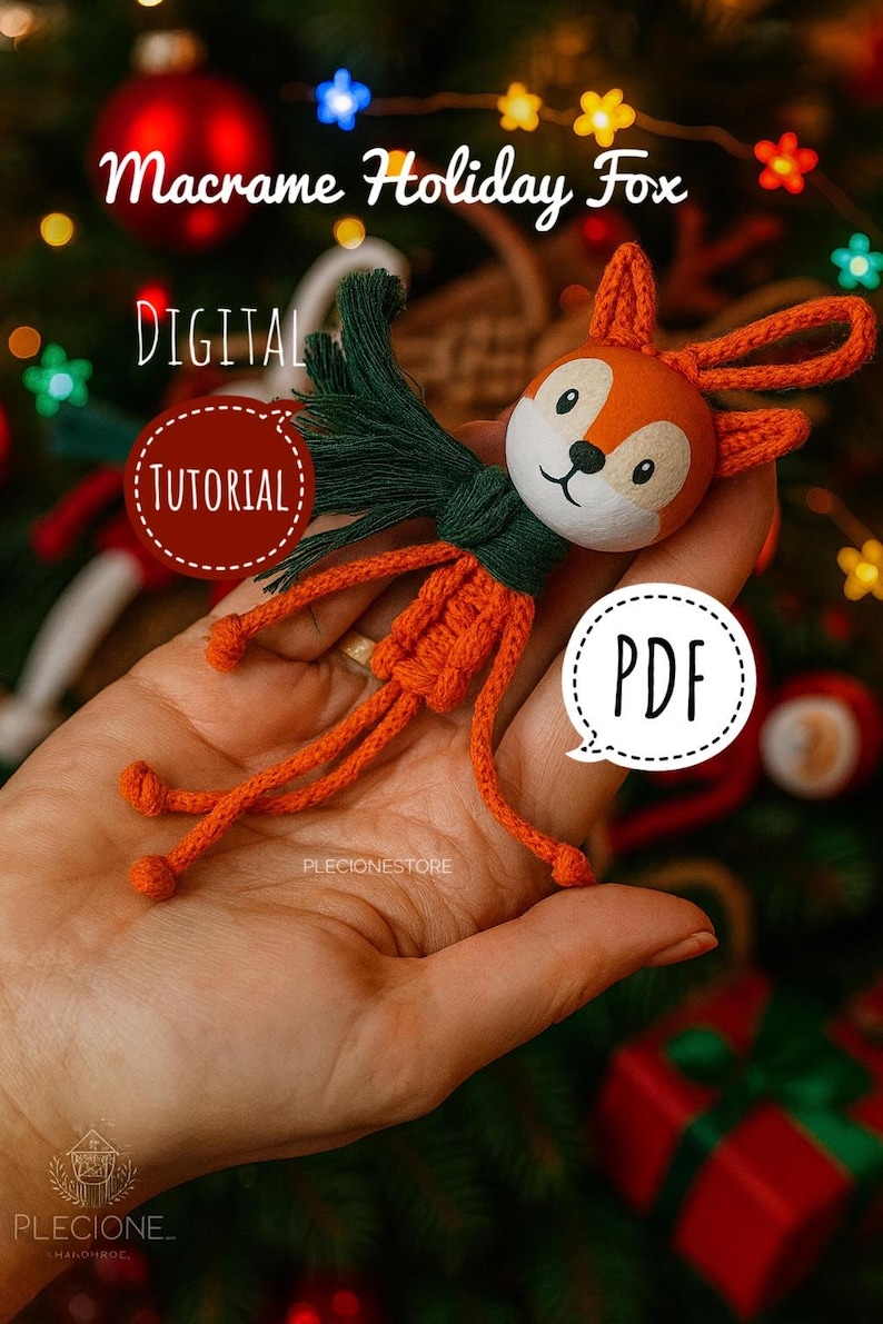 Pu&ograve; includere: Un ornamento a forma di volpe in macram&egrave; fatto a mano con dettagli arancioni e verdi. La volpe ha una faccia bianca, orecchie arancioni e una sciarpa verde. L'immagine include il testo "Macrame Holiday Fox", "Digital Tutorial" e "PDF."