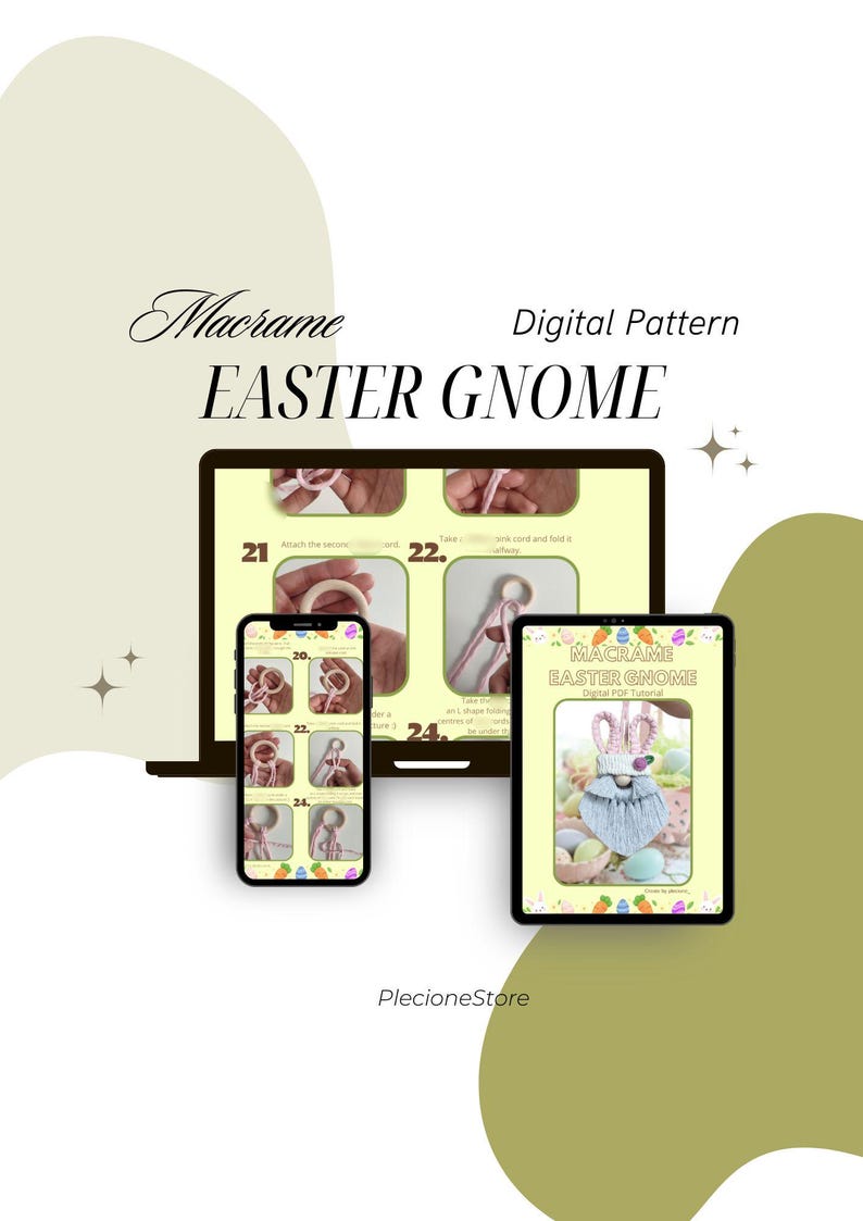 May include: Digital pattern for a macrame Easter gnome. The pattern includes step-by-step instructions and photos. The finished gnome is a cute and whimsical decoration for your home.