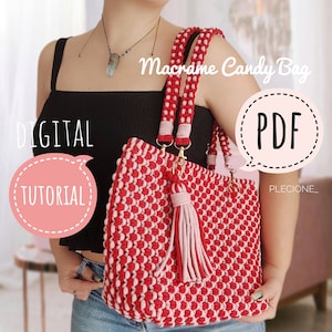 May include: A digital PDF tutorial for making a red and pink macrame candy bag. The bag has a tassel and is being held by a person. The text "Macrame Candy Bag" and "PDF" are visible in the image.