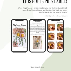 Op de afbeelding: Een digitale PDF-tutorial voor macram&eacute;bloemen wordt weergegeven op drie smartphones. De tutorial bevat stapsgewijze instructies en afbeeldingen. De tekst "THIS PDF IS PRINTABLE!" staat bovenaan. De website-adres is https://plecionestore.etsy.com.