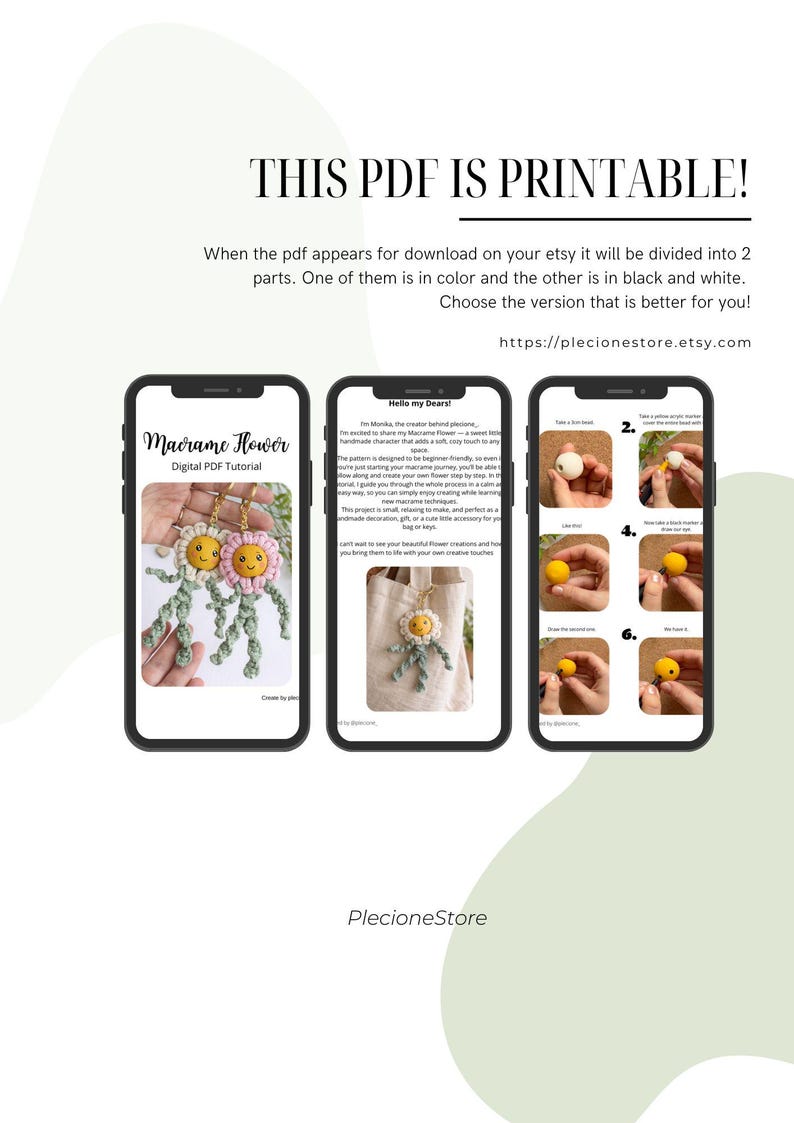 Op de afbeelding: Een digitale PDF-tutorial voor macram&eacute;bloemen wordt weergegeven op drie smartphones. De tutorial bevat stapsgewijze instructies en afbeeldingen. De tekst "THIS PDF IS PRINTABLE!" staat bovenaan. De website-adres is https://plecionestore.etsy.com.