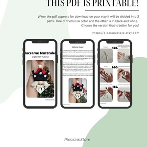 May include: A printable PDF tutorial for making a macrame nutcracker ornament. The tutorial includes instructions and photos showing how to create the ornament, with steps numbered 158, 160, and 162. The tutorial is available in color and black and white versions.