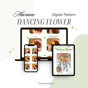 Op de afbeelding: Digitaal macram&eacute;patroon voor een Dancing Flower-ontwerp. De afbeelding toont het patroon weergegeven op een laptop, smartphone en tablet. De tutorial bevat stapsgewijze instructies met afbeeldingen. Het ontwerp toont een lachende bloem.