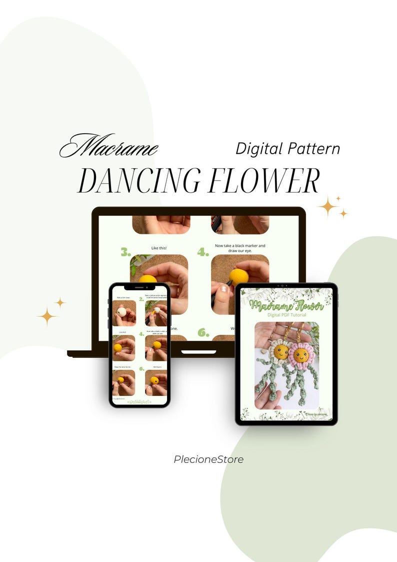 Op de afbeelding: Digitaal macram&eacute;patroon voor een Dancing Flower-ontwerp. De afbeelding toont het patroon weergegeven op een laptop, smartphone en tablet. De tutorial bevat stapsgewijze instructies met afbeeldingen. Het ontwerp toont een lachende bloem.