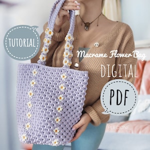 May include: A purple macrame flower bag with white daisy flowers. The bag has a digital PDF tutorial available. The text "Macrame Flower Bag DIGITAL PDF" is on the image.