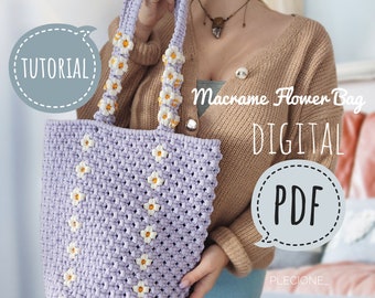 PDF Tutorial of Macrame daisy flower bag + bag handles, Macrame unique summer bag DIY, Macrame step by step, Instant download, Digital Patte