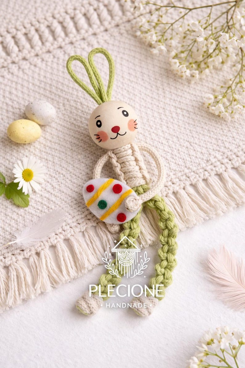 May include: A handmade Easter bunny figure with a cream body, green braided legs and ears, and a painted face. The bunny holds a felt egg decorated with red, yellow, and green dots. The background includes decorative eggs and a white fringed blanket.